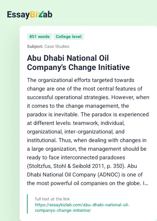 Abu Dhabi National Oil Company's Change Initiative - Essay Preview