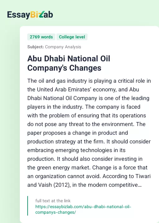 Abu Dhabi National Oil Company's Changes - Essay Preview