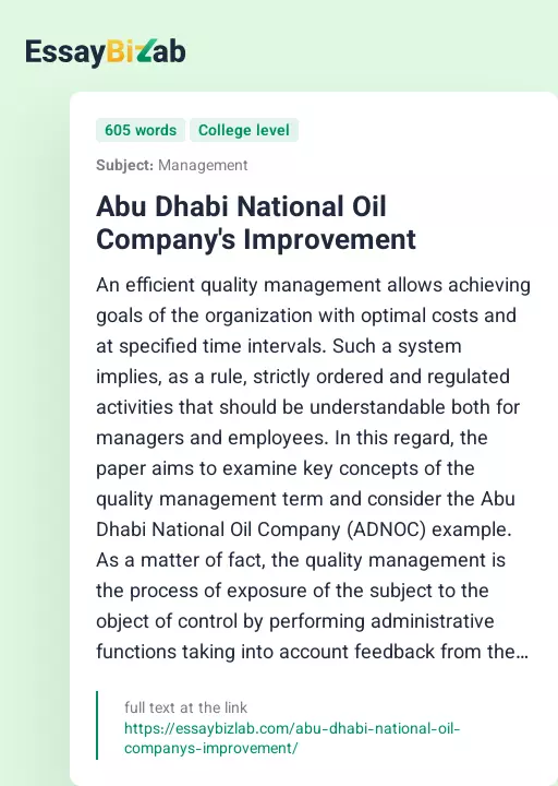 Abu Dhabi National Oil Company's Improvement - Essay Preview