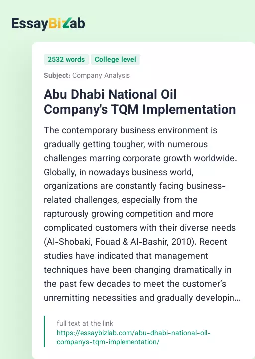 Abu Dhabi National Oil Company's TQM Implementation - Essay Preview