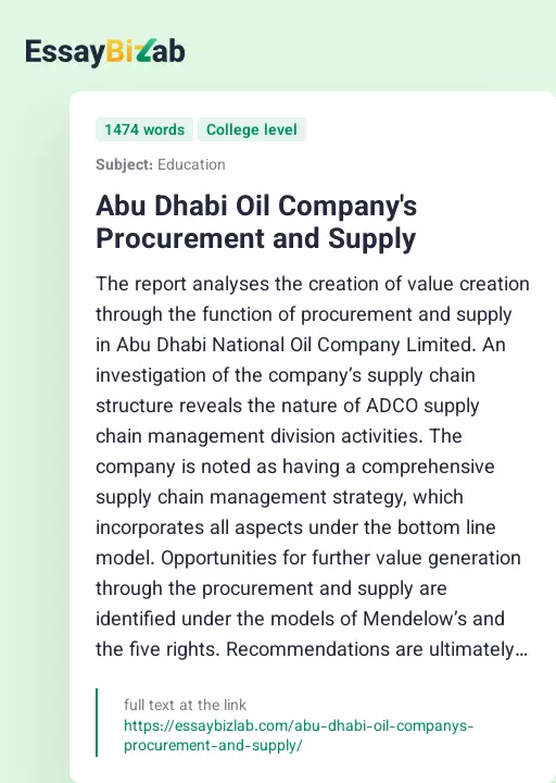 Abu Dhabi Oil Company's Procurement and Supply - Essay Preview