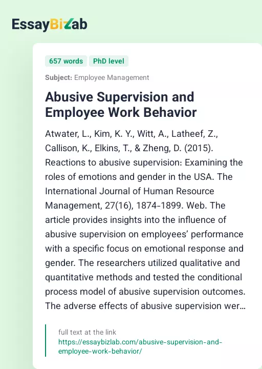 Abusive Supervision and Employee Work Behavior - Essay Preview