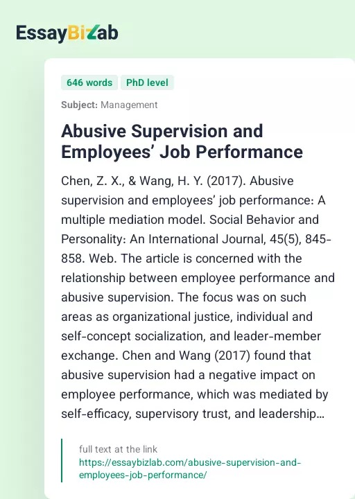 Abusive Supervision and Employees’ Job Performance - Essay Preview