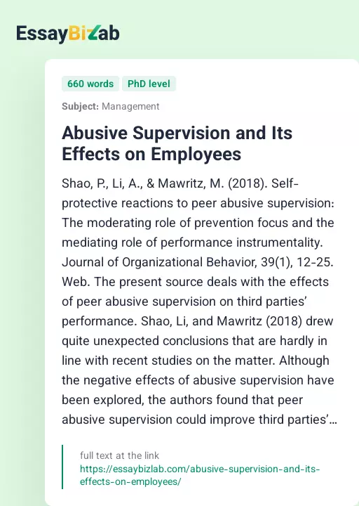 Abusive Supervision and Its Effects on Employees - Essay Preview