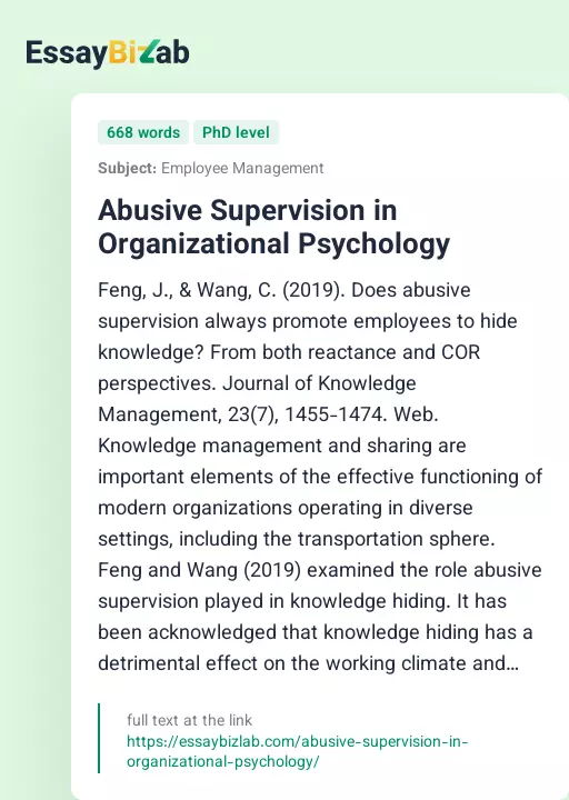 Abusive Supervision in Organizational Psychology - Essay Preview
