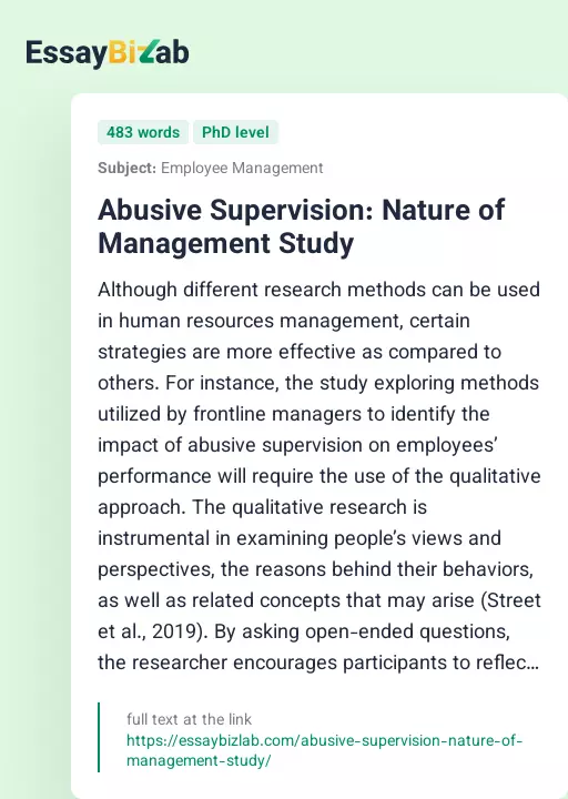 Abusive Supervision: Nature of Management Study - Essay Preview
