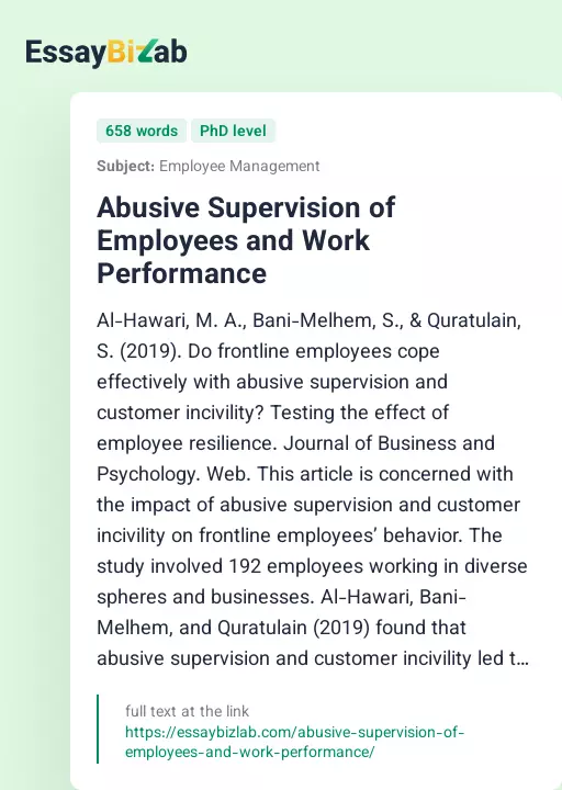 Abusive Supervision of Employees and Work Performance - Essay Preview