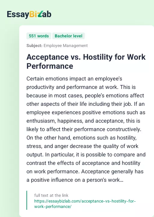 Acceptance vs. Hostility for Work Performance - Essay Preview