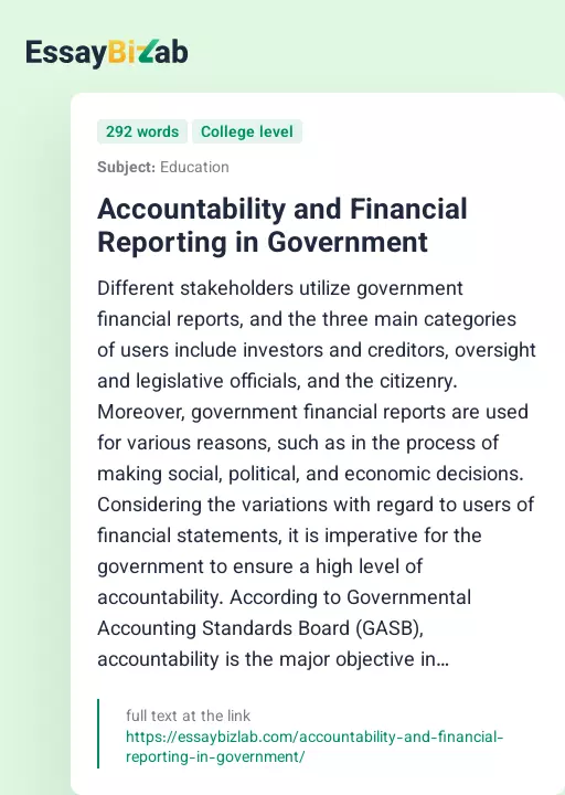 Accountability and Financial Reporting in Government - Essay Preview