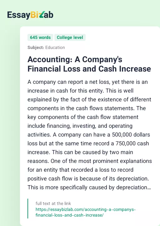Accounting: A Company's Financial Loss and Cash Increase - Essay Preview