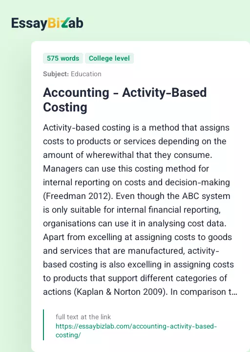 Accounting - Activity-Based Costing - Essay Preview