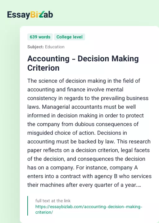 Accounting - Decision Making Criterion - Essay Preview