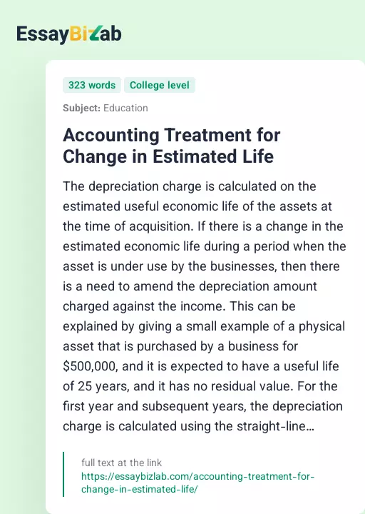 Accounting Treatment for Change in Estimated Life - Essay Preview