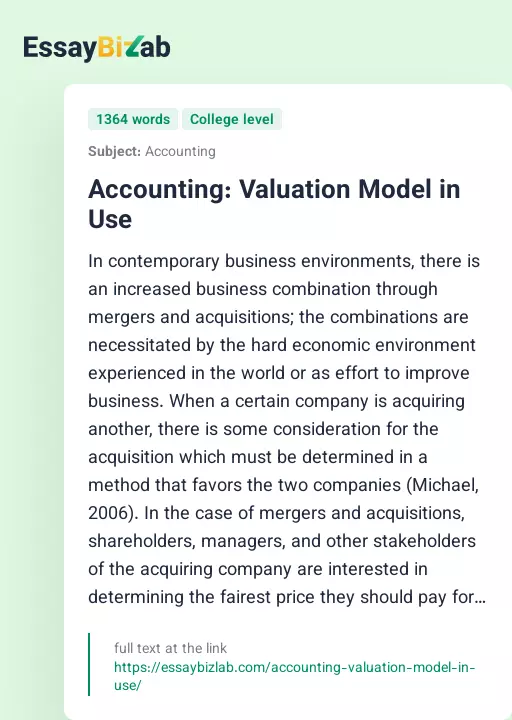Accounting: Valuation Model in Use - Essay Preview
