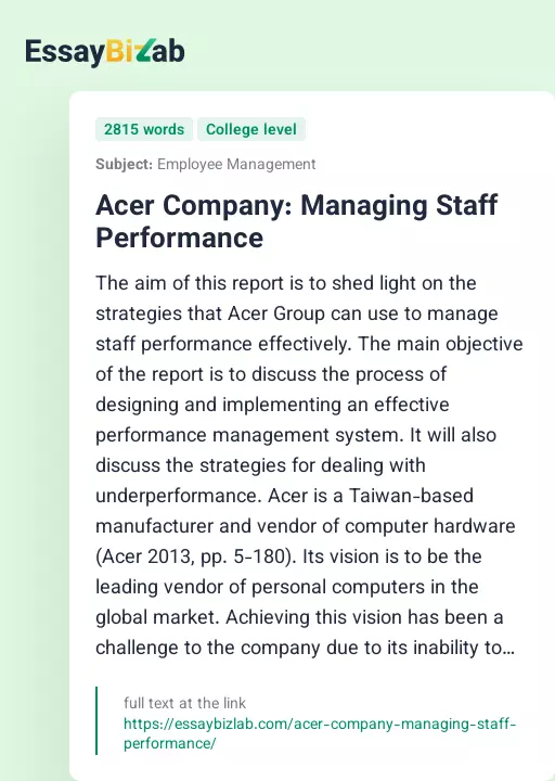 Acer Company: Managing Staff Performance - Essay Preview