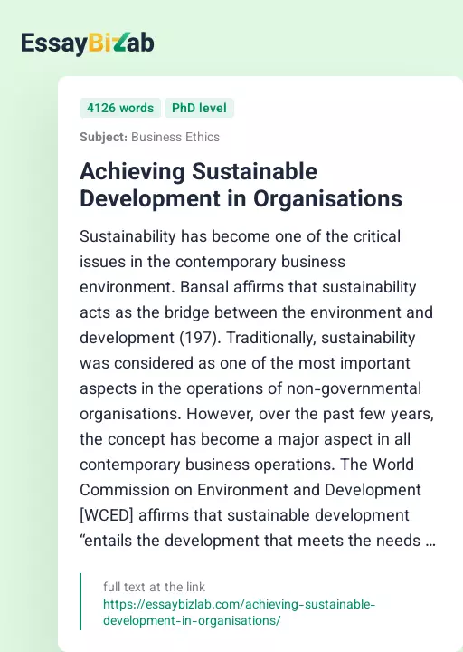 Achieving Sustainable Development in Organisations - Essay Preview