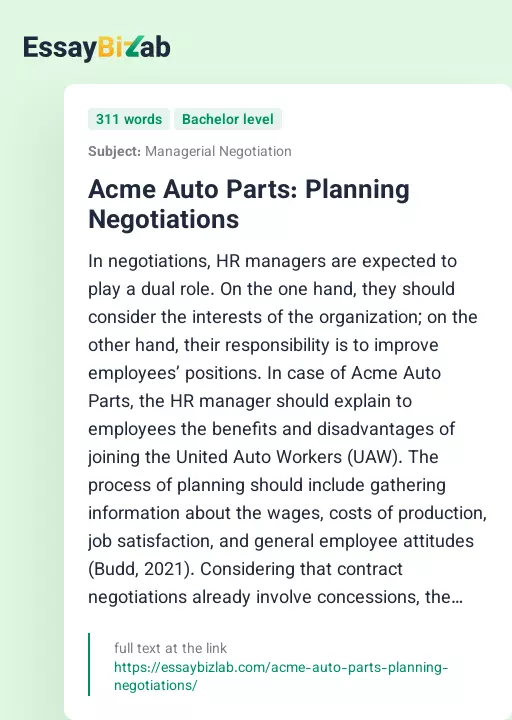 Acme Auto Parts: Planning Negotiations - Essay Preview