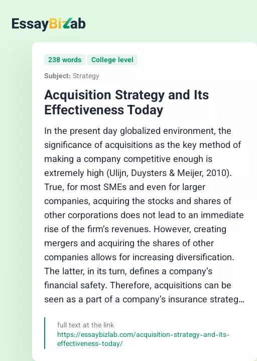 Acquisition Strategy and Its Effectiveness Today - Essay Preview