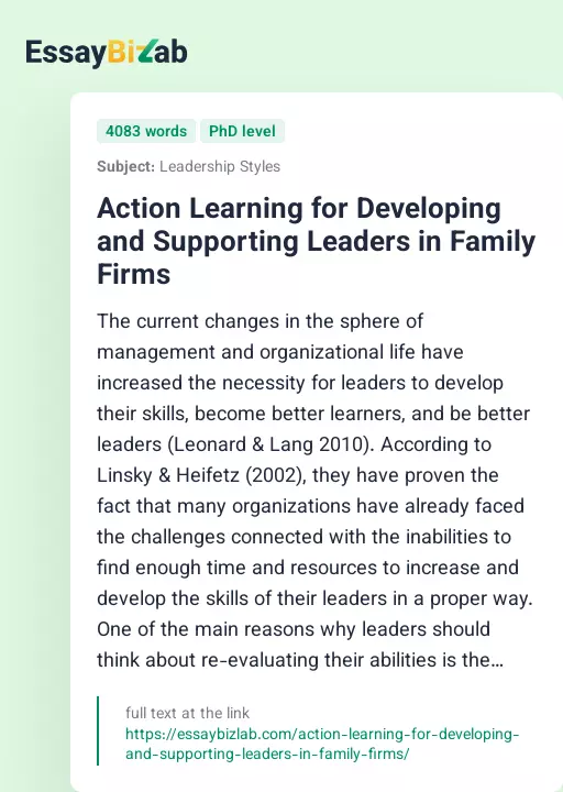 Action Learning for Developing and Supporting Leaders in Family Firms - Essay Preview