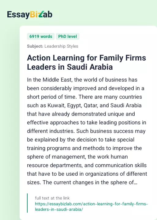 Action Learning for Family Firms Leaders in Saudi Arabia - Essay Preview
