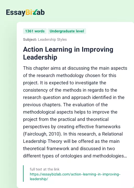 Action Learning in Improving Leadership - Essay Preview