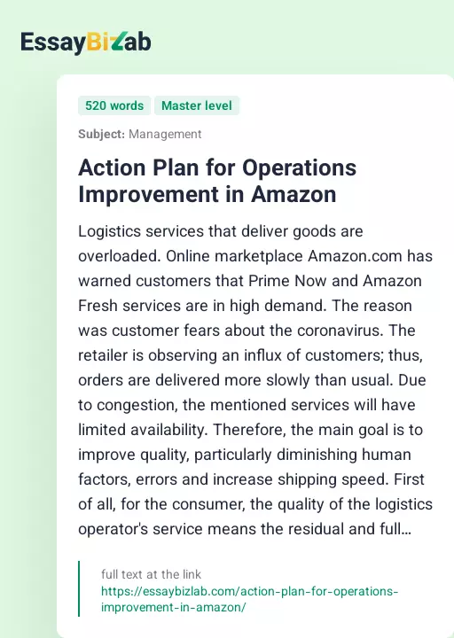 Action Plan for Operations Improvement in Amazon - Essay Preview