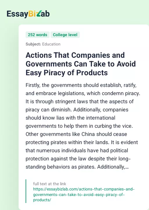 Actions That Companies and Governments Can Take to Avoid Easy Piracy of Products - Essay Preview