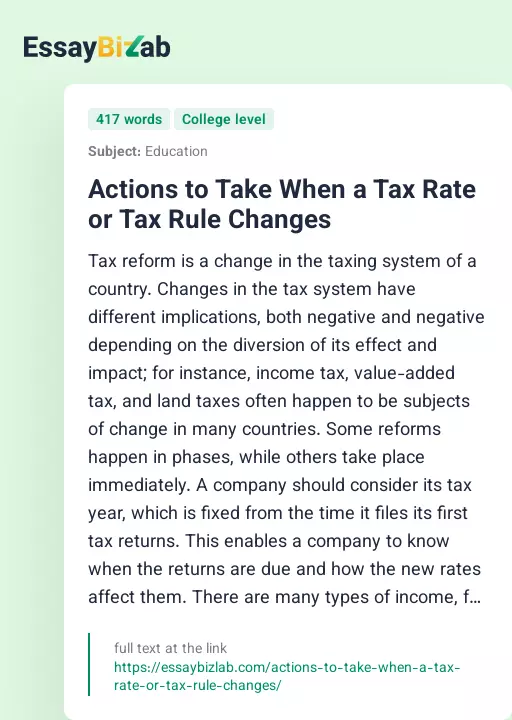 Actions to Take When a Tax Rate or Tax Rule Changes - Essay Preview
