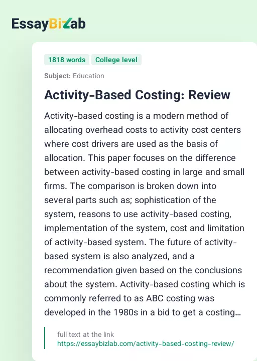 Activity-Based Costing: Review - Essay Preview