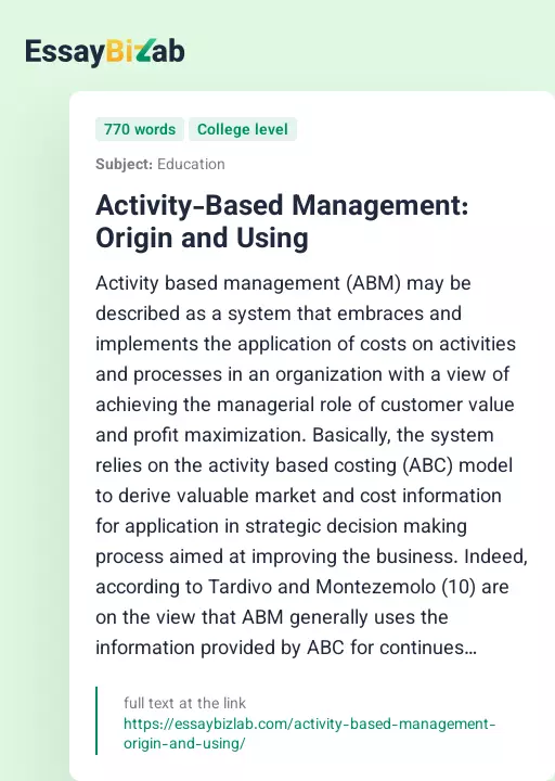 Activity-Based Management: Origin and Using - Essay Preview