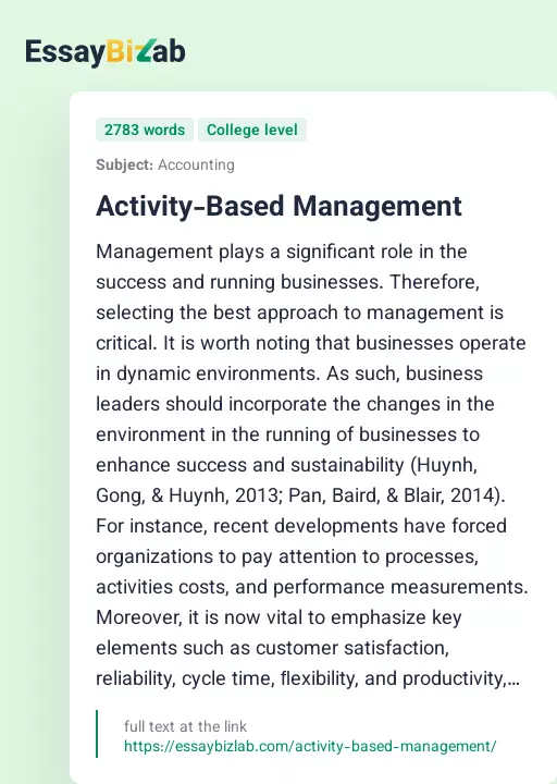 Activity-Based Management - Essay Preview