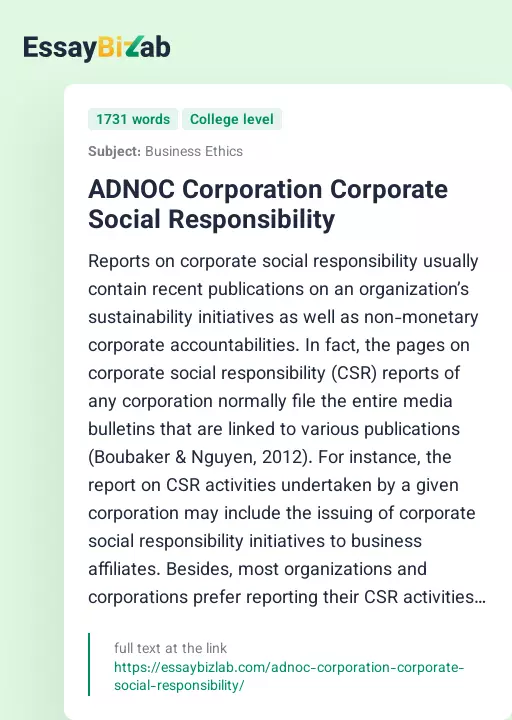 ADNOC Corporation Corporate Social Responsibility - Essay Preview