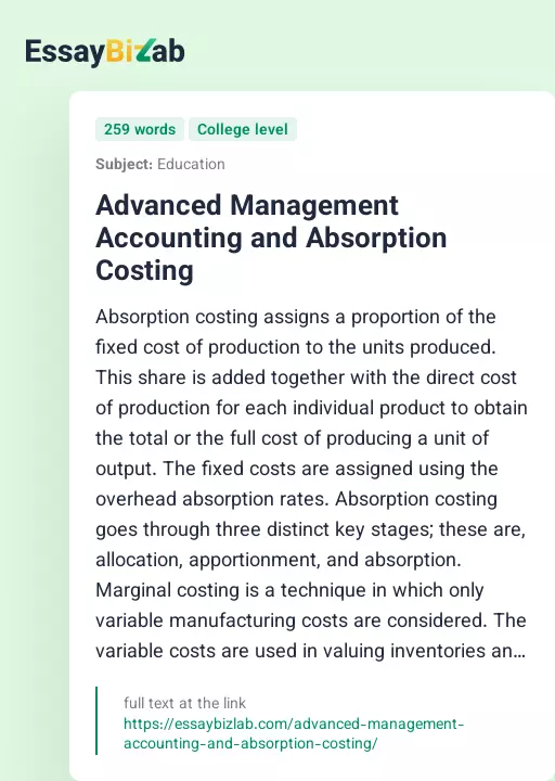 Advanced Management Accounting and Absorption Costing - Essay Preview
