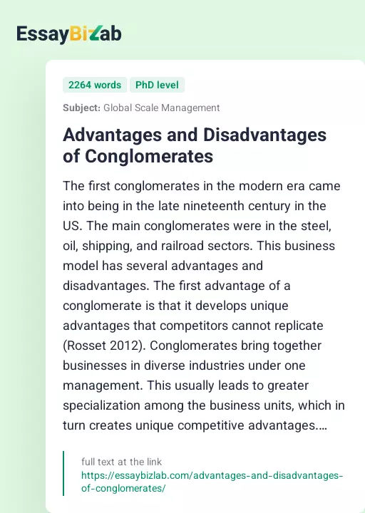 Advantages and Disadvantages of Conglomerates - Essay Preview