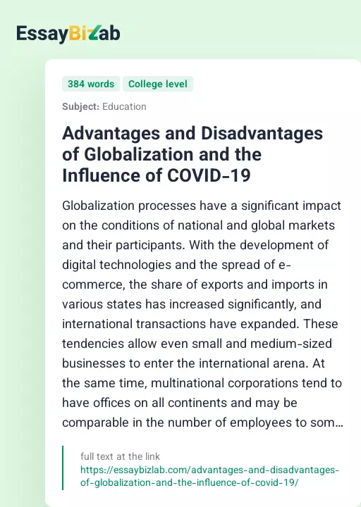 Advantages and Disadvantages of Globalization and the Influence of COVID-19 - Essay Preview