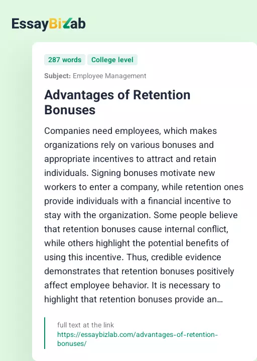 Advantages of Retention Bonuses - Essay Preview