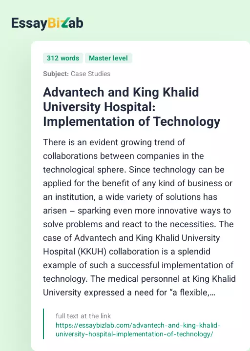 Advantech and King Khalid University Hospital: Implementation of Technology - Essay Preview