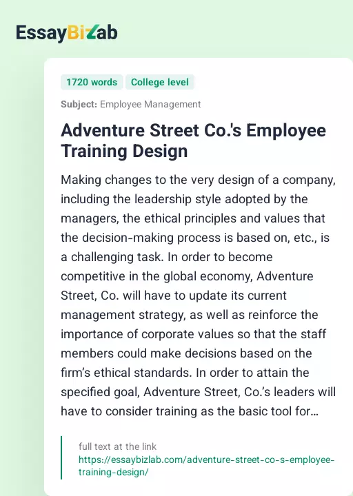 Adventure Street Co.'s Employee Training Design - Essay Preview