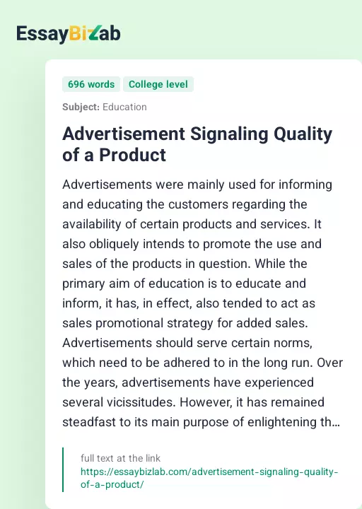 Advertisement Signaling Quality of a Product - Essay Preview