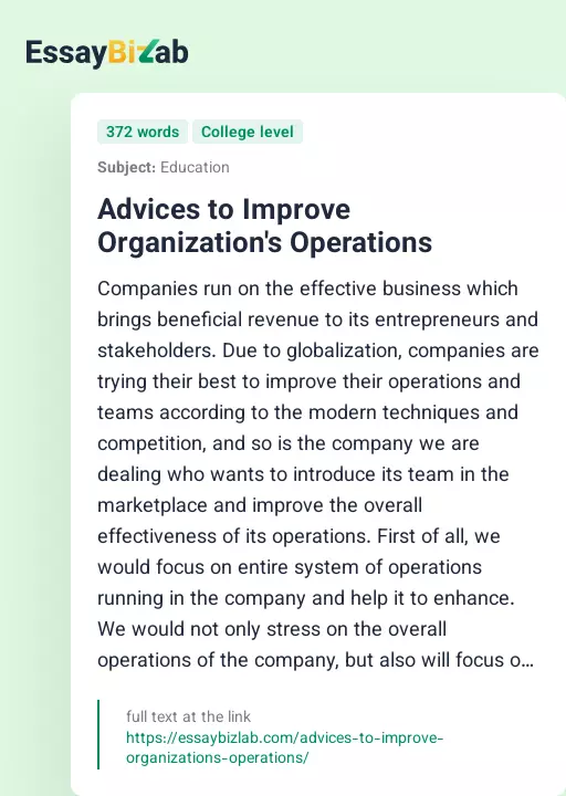 Advices to Improve Organization's Operations - Essay Preview