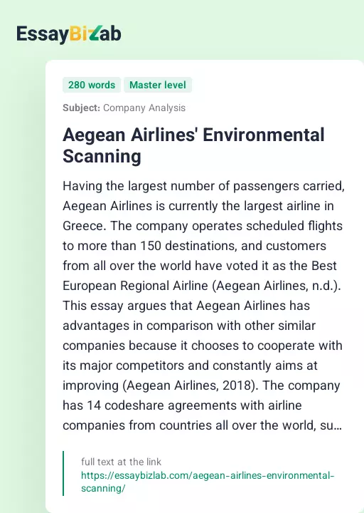 Aegean Airlines' Environmental Scanning - Essay Preview