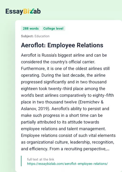 Aeroflot: Employee Relations - Essay Preview