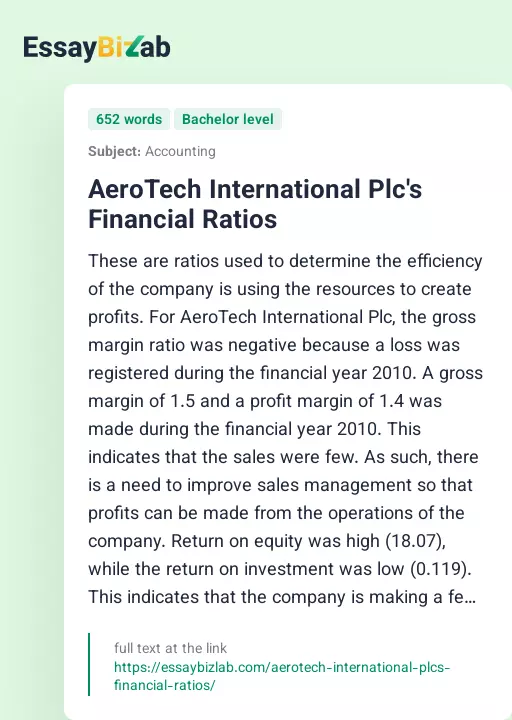 AeroTech International Plc's Financial Ratios - Essay Preview