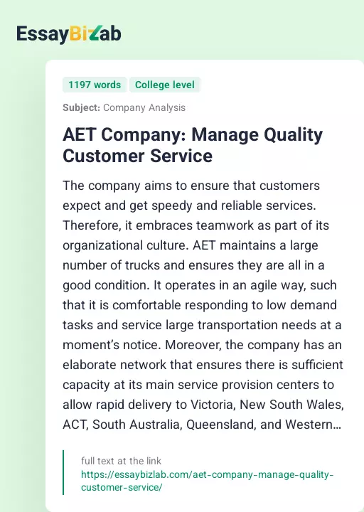 AET Company: Manage Quality Customer Service - Essay Preview