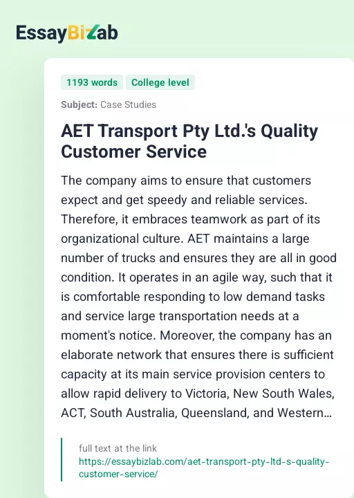 AET Transport Pty Ltd.'s Quality Customer Service - Essay Preview