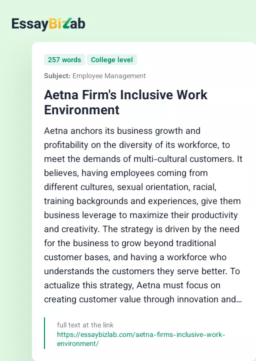 Aetna Firm's Inclusive Work Environment - Essay Preview