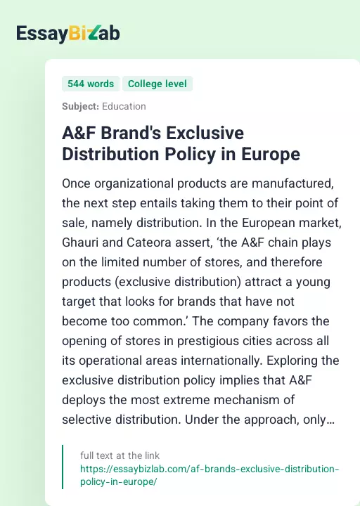 A&F Brand's Exclusive Distribution Policy in Europe - Essay Preview
