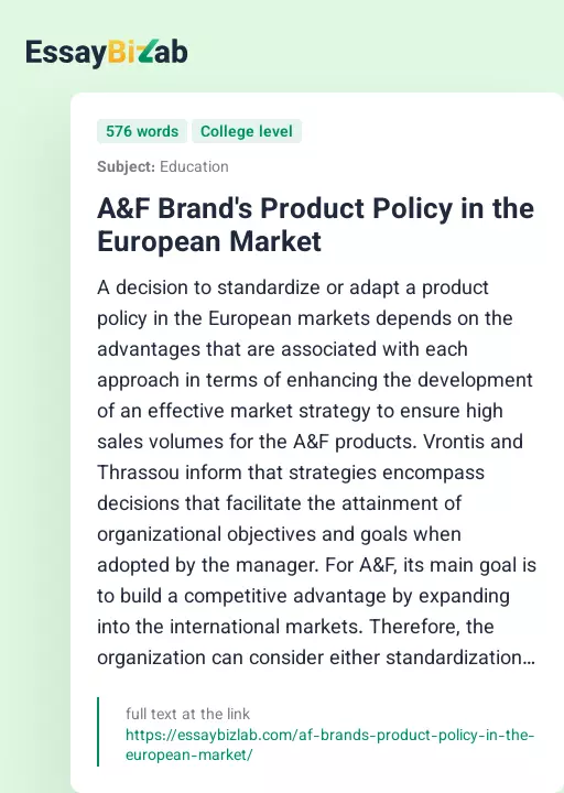 A&F Brand's Product Policy in the European Market - Essay Preview