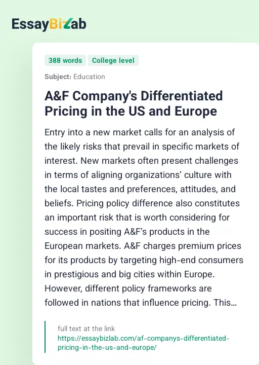 A&F Company's Differentiated Pricing in the US and Europe - Essay Preview