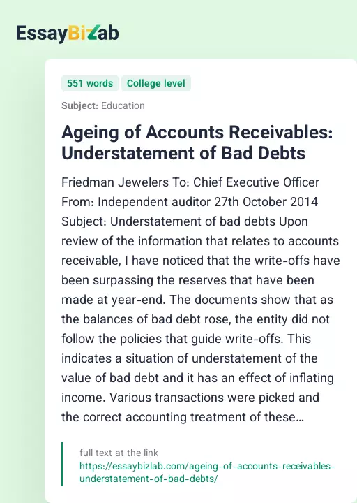 Ageing of Accounts Receivables: Understatement of Bad Debts - Essay Preview